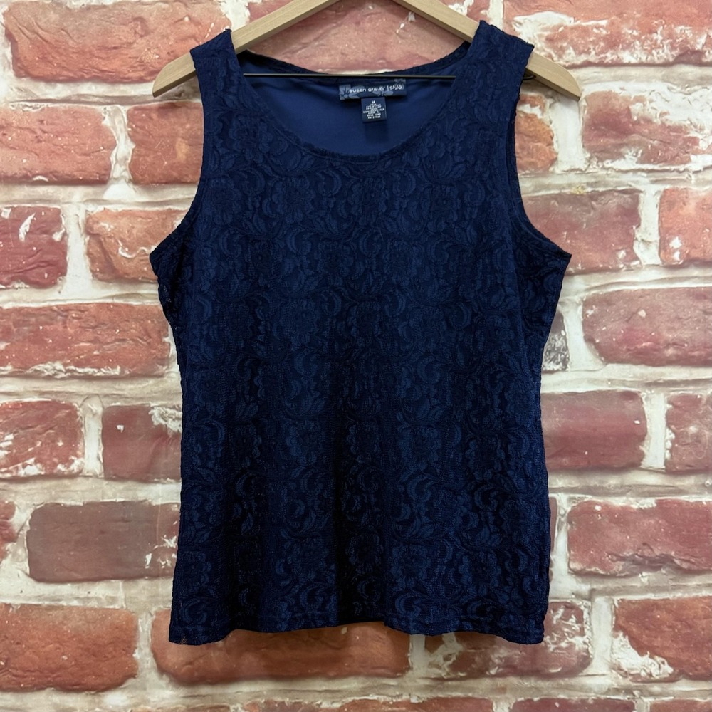 Susan Graver Style Top Women's Medium Blue Floral Lace Camisole Tank Shirt